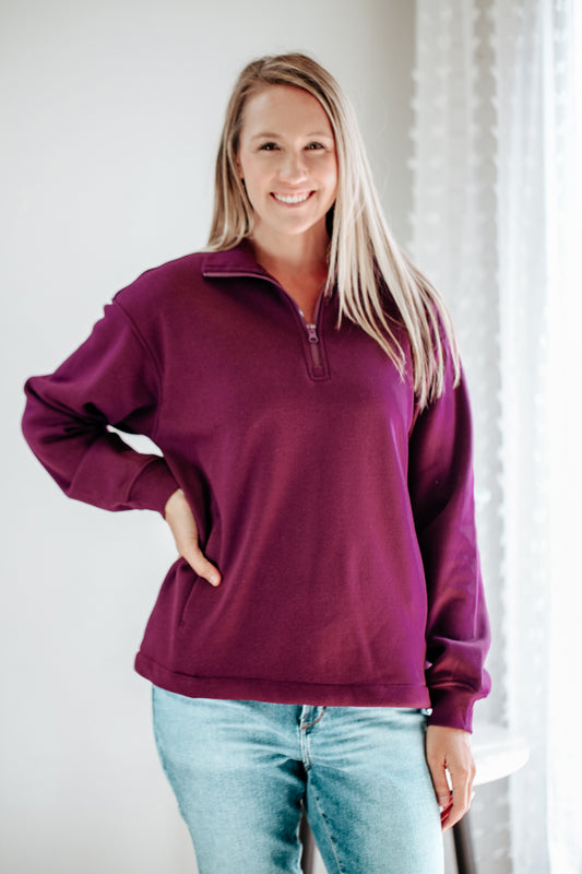 mono b quarter zip burgundy pullover sweatshirt with pockets