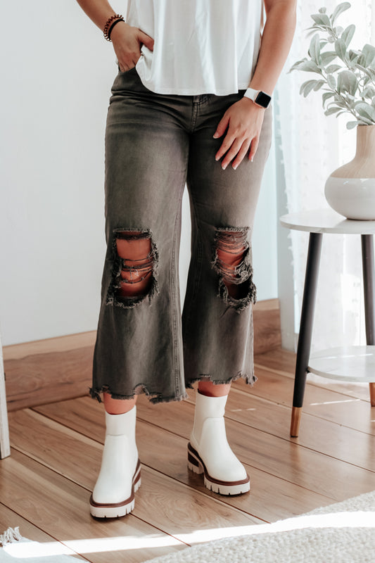 womens grey distressed flare crop denim jeans high waist