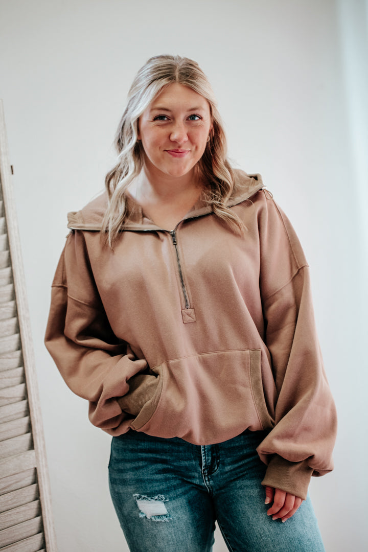 womens oversize brown half zip pullover sweatshirt with hood and pocket