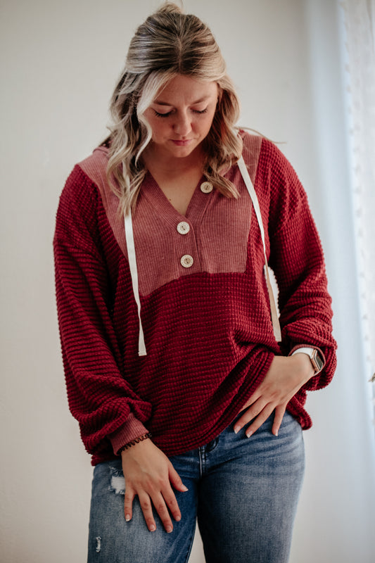 womens wine red waffle knit button drawstring hoodie oversized sweatshirt