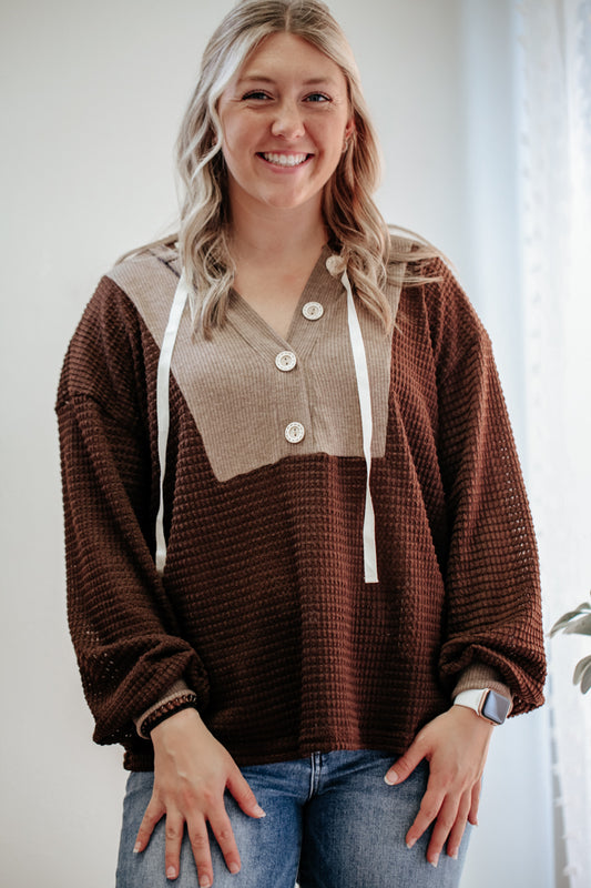 womens brown waffle knit button drawstring hoodie oversized sweatshirt