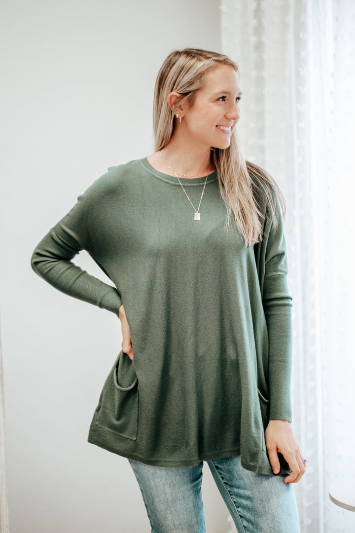 womens knit long sleeve tunic sweater pockets round neck dark green