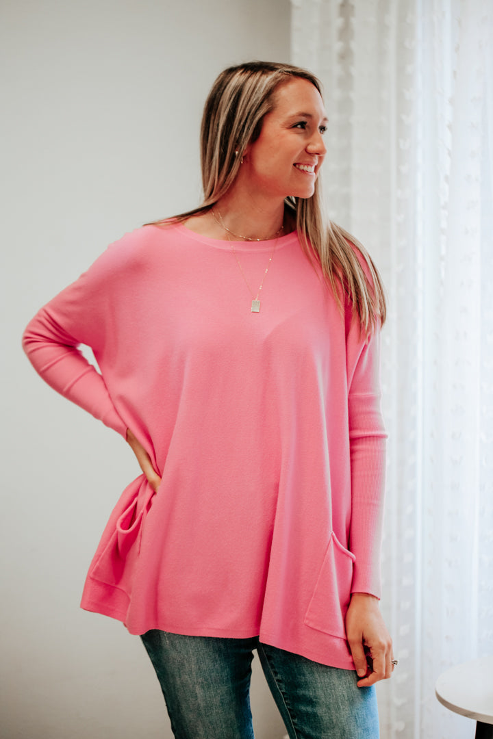 womens knit long sleeve tunic sweater pockets round neck pink