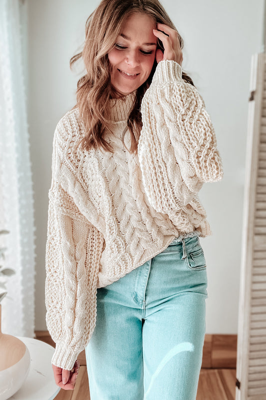 womens chunky knit mock neck balloon sleeve chenille sweater ivory
