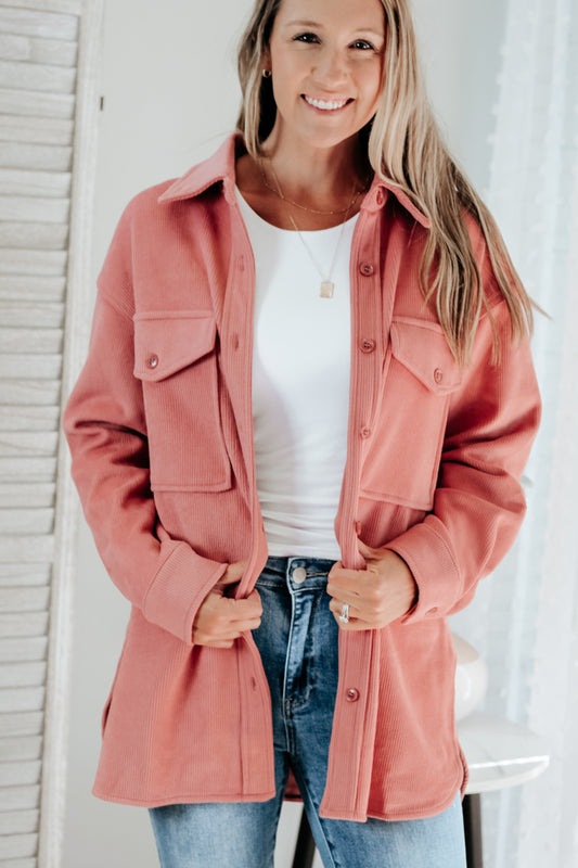womens pink rib knit oversize shacket jacket button