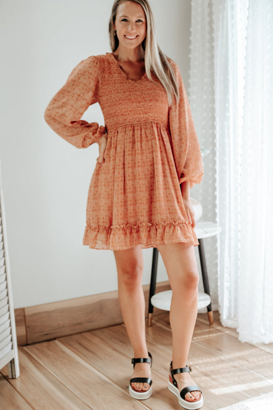 womens rust orange dot print v-neck long sleeve mini dress