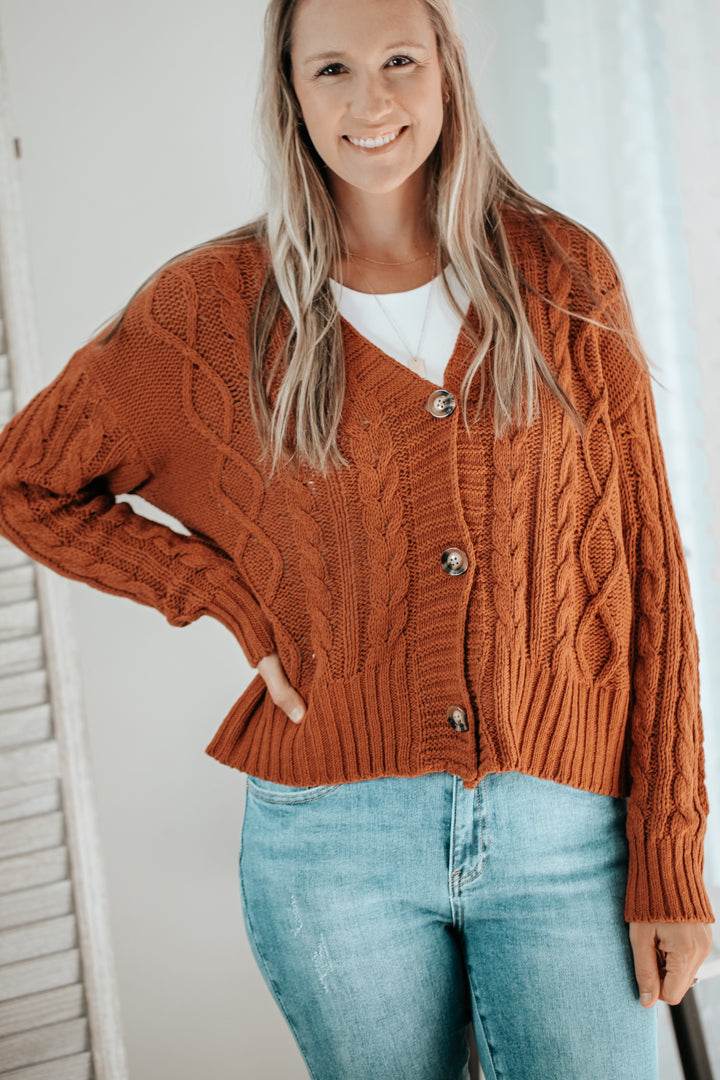 womens knit long sleeve cable knit cardigan buttons rust