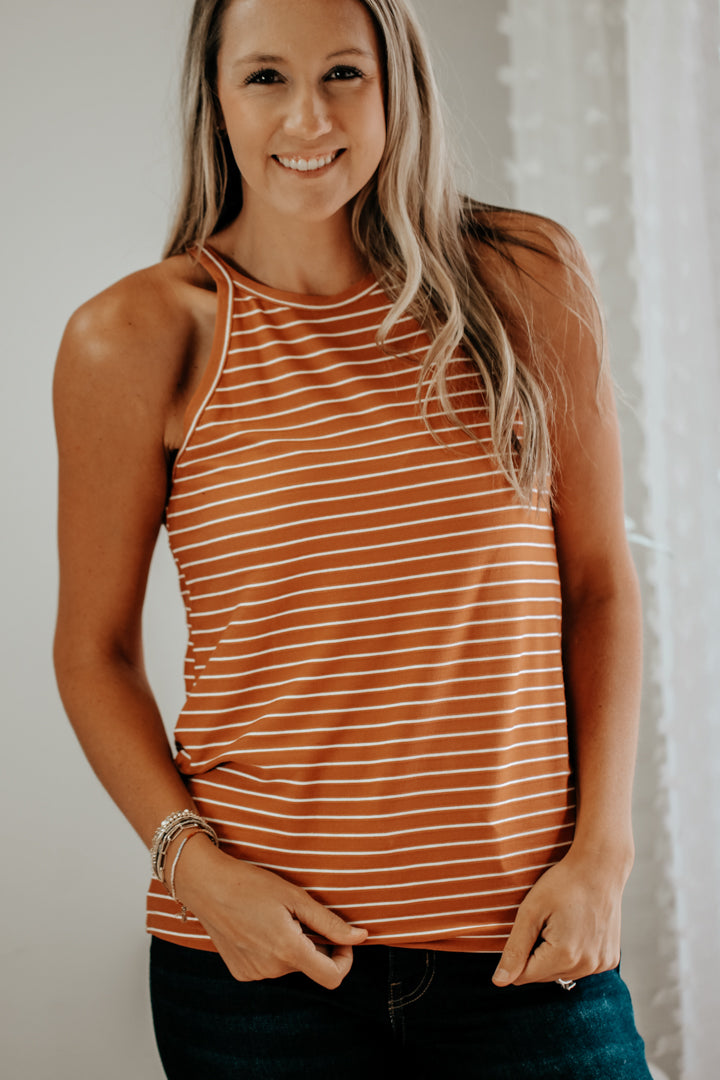womens rust stripe halter knit tank top