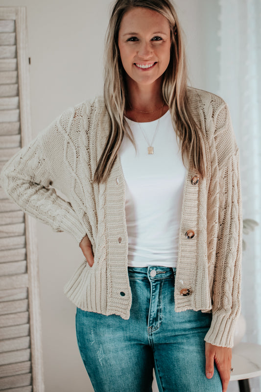 womens knit long sleeve cable knit cardigan buttons beige