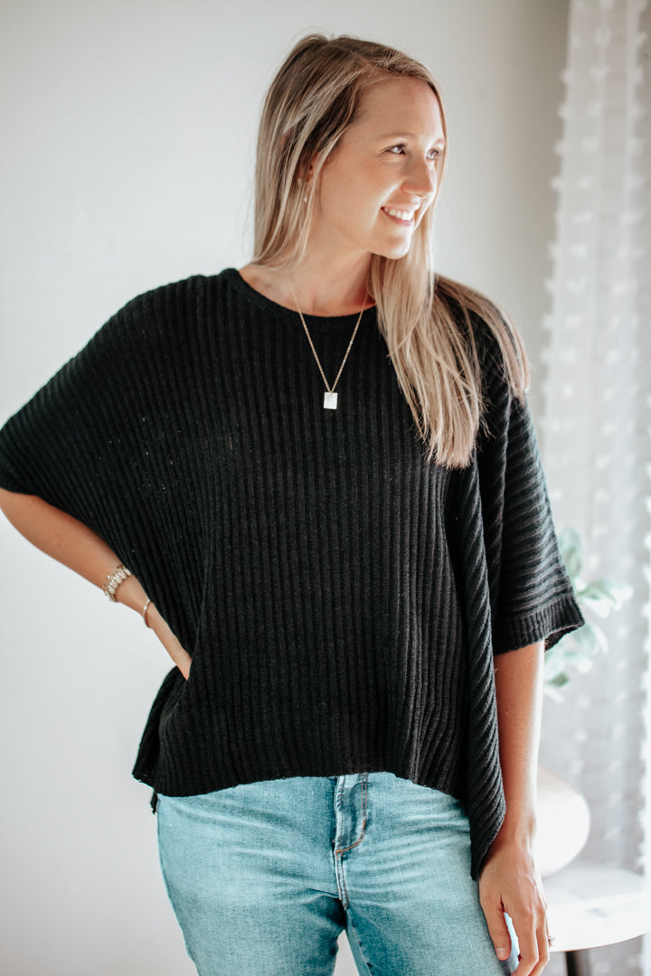 womens black knit poncho half sleeve sweater top