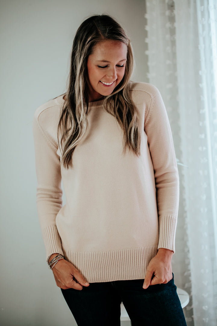 womens solid knit classic sweater beige cream crewneck 