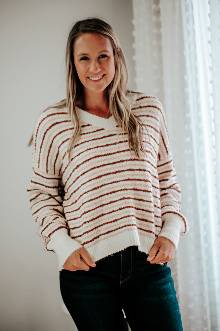womens stripe textured knit oversize sweater brown blush wishlist