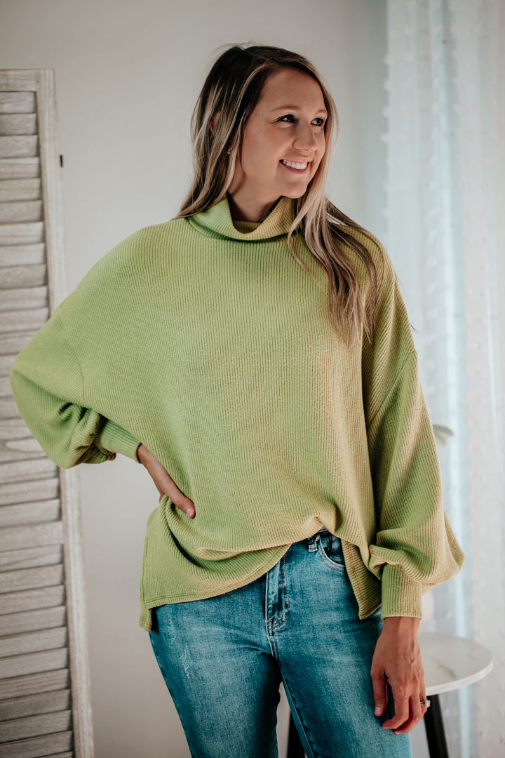 womens lime green ribknit turtleneck sweater balloon sleeve oversize