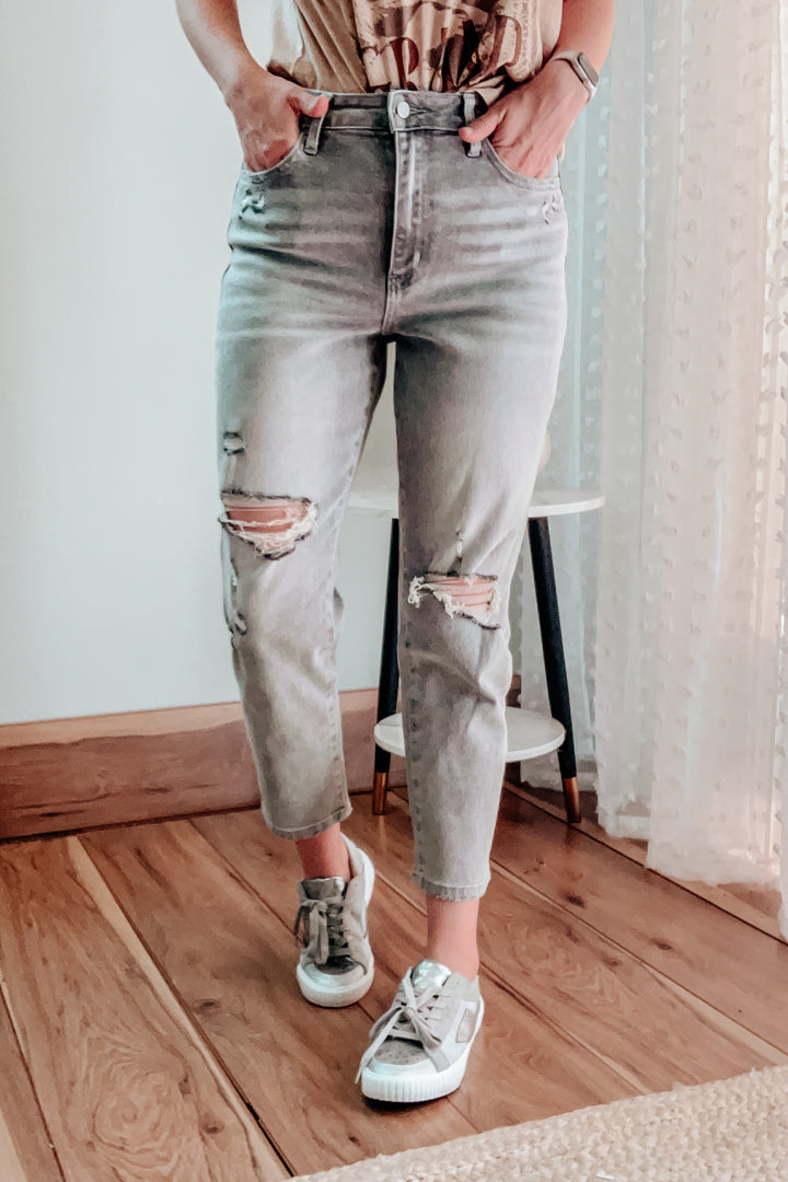 flying moneky grey denim jeans womens mom jean distressed high-rise