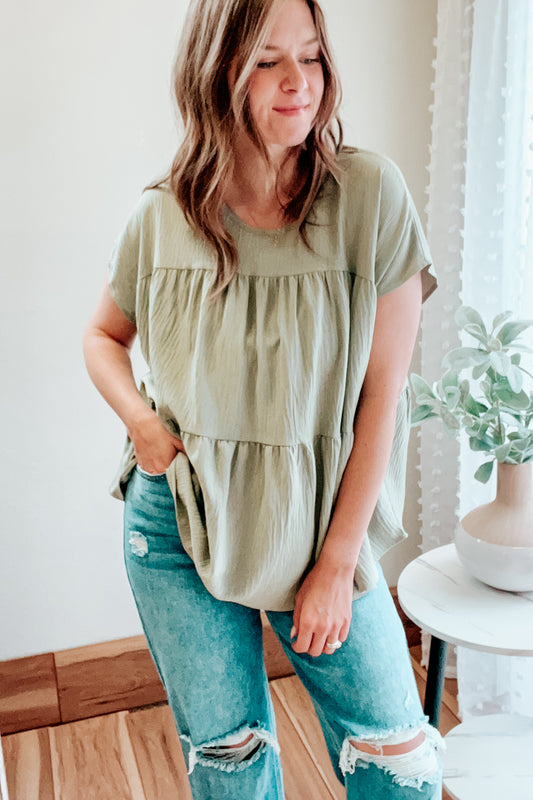 womens tiered sage green blouse