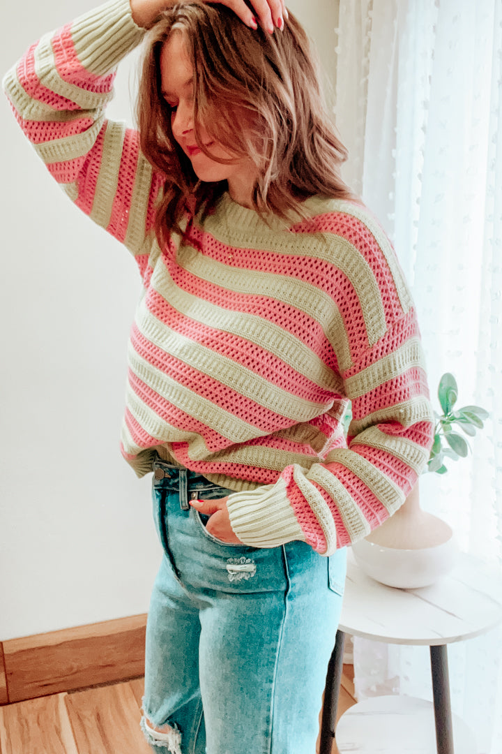 womens pink and green stripe crochet sweater