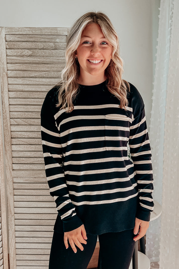 womens stripe black sweater fine knit pocket drop shoulder