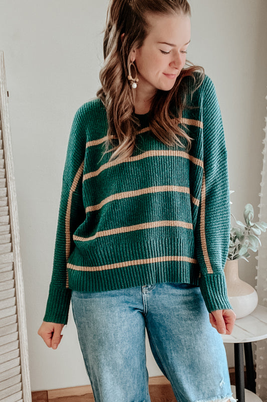 womens knit teal green biege stripe drop shoulder oversize sweater wishlist