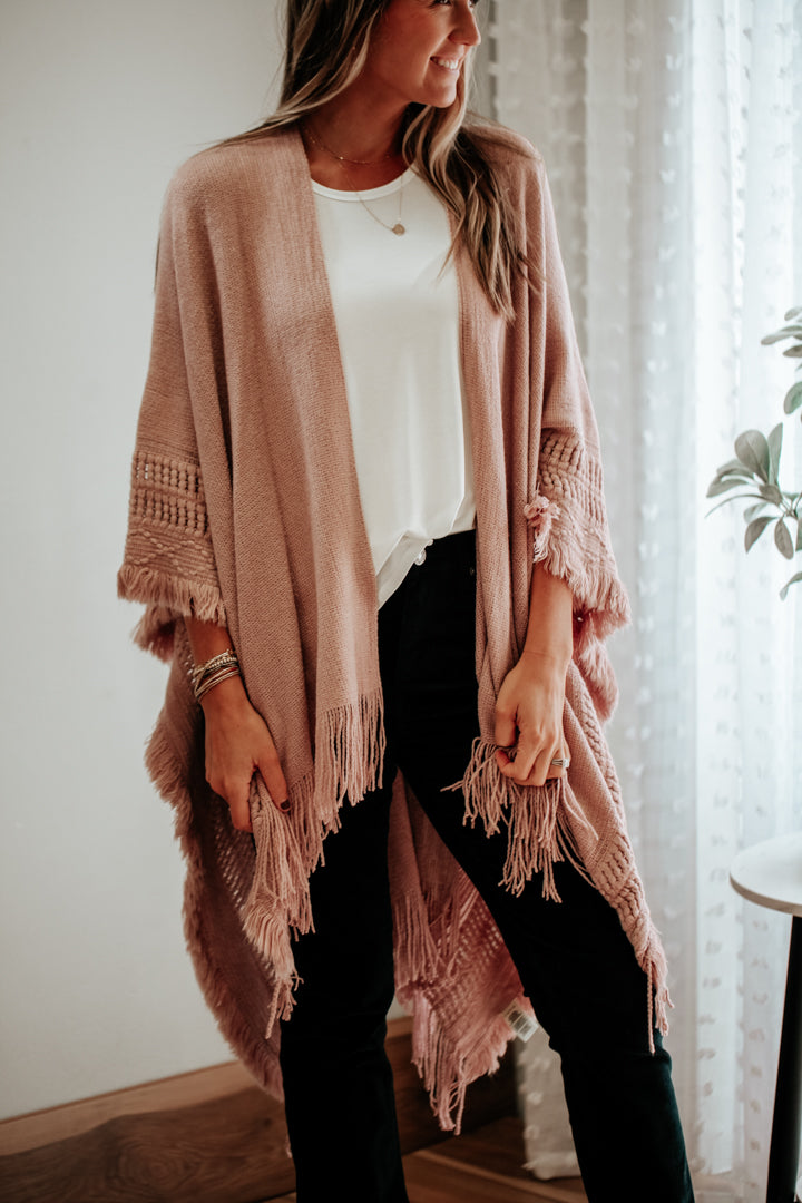 womens knit open wrap with fringe blush pink