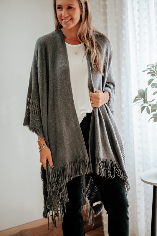 womens knit open wrap with fringe navy