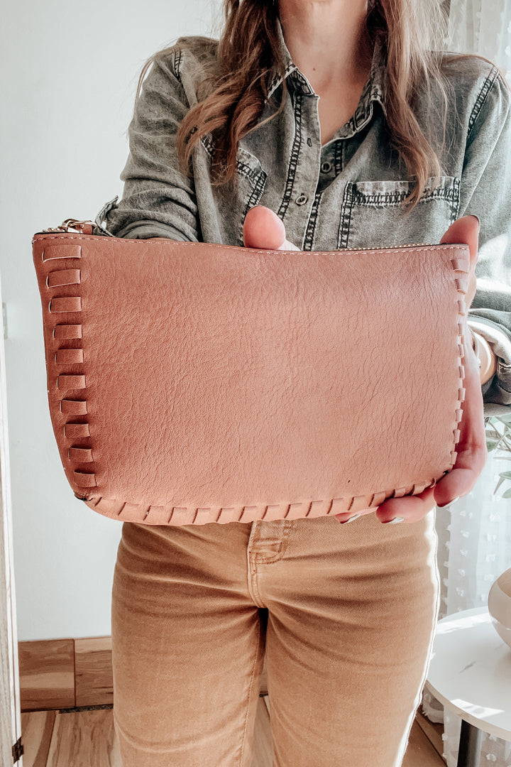vegan leather whipstitch small cross body purse pink