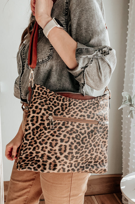 leopard print vegan leather slim cross body purse