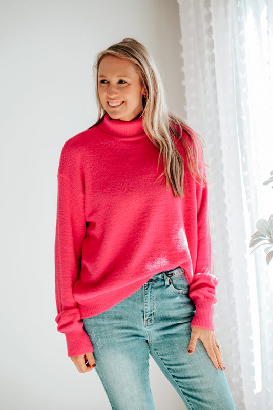 womens hot pink knit turtleneck sweater