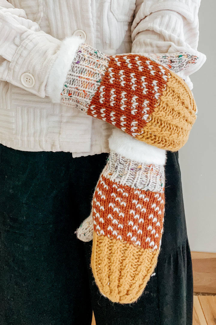 knit fur-lined mittens color block rust mustard