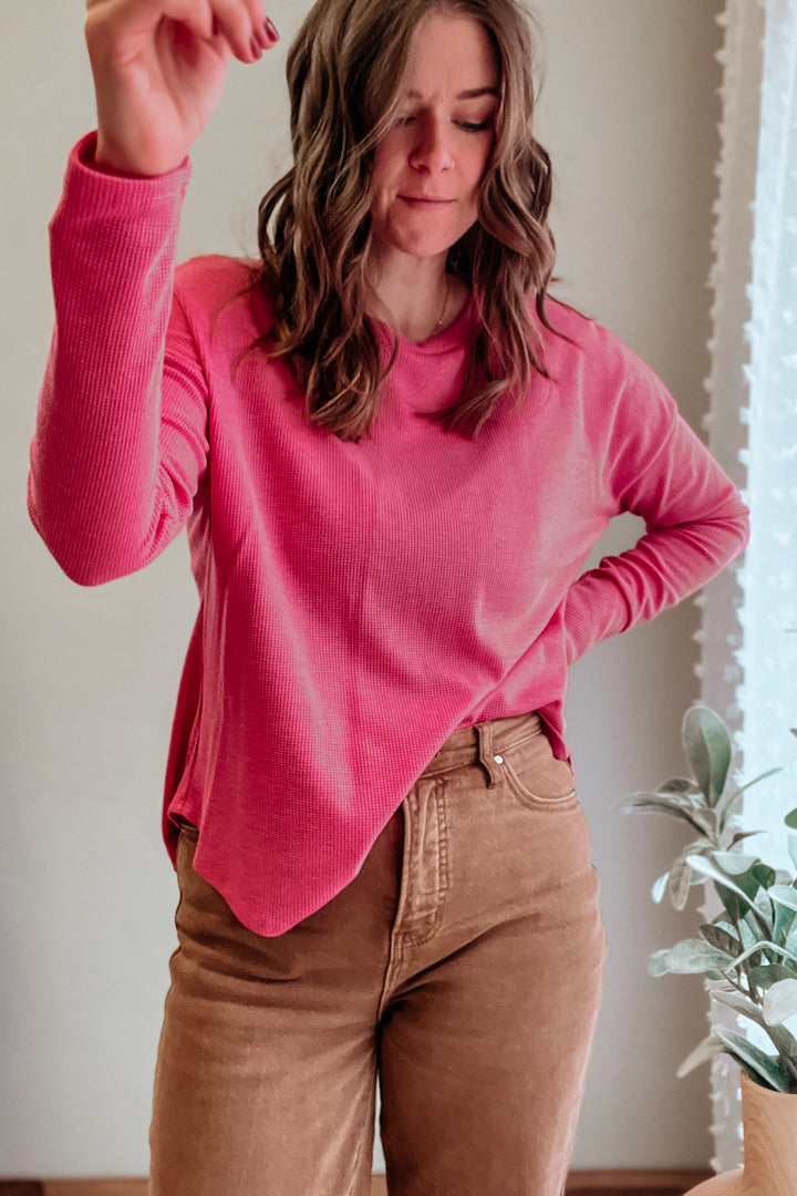 womens pink waffle knit top long sleeve drop shoulder