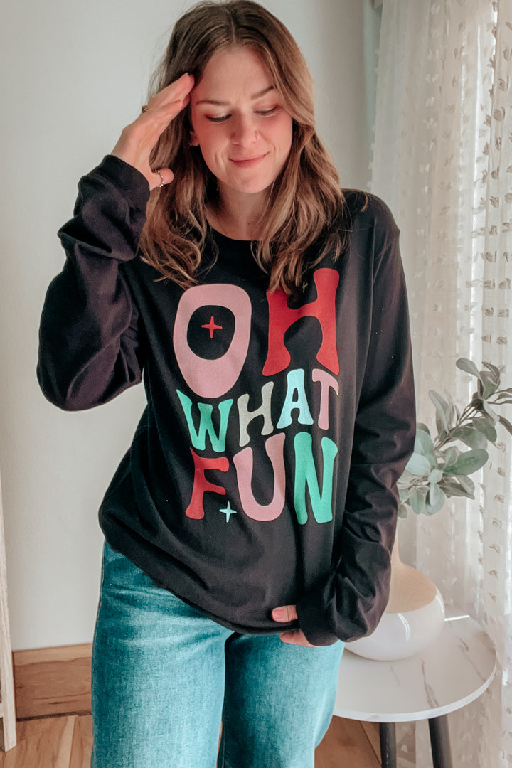 womens black long sleeve oh what fun christmas graphic tee