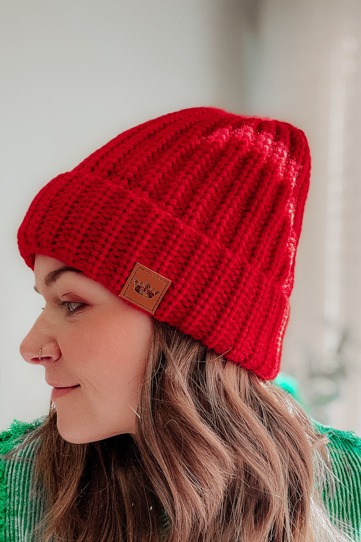 womens rib knit fur pom beanie hat red