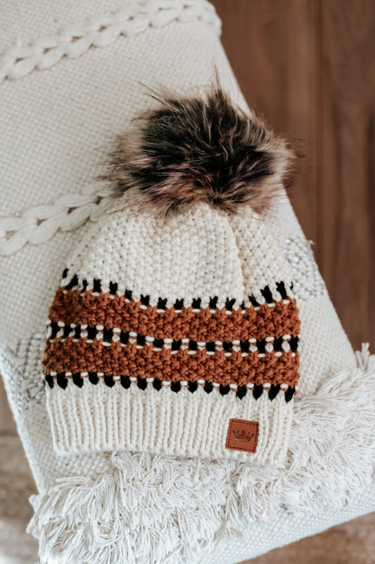 womens seed stitch knit fur pom beanie hat camel blacl white stripe