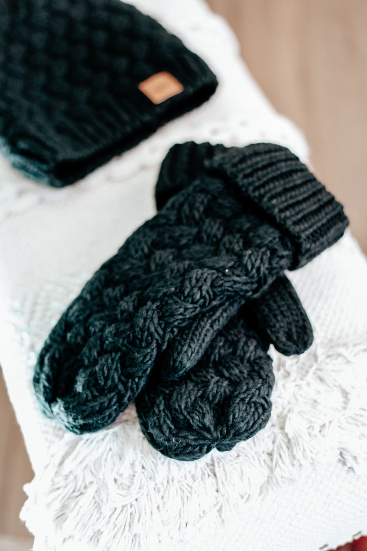 womens basket weave knit black mittens 