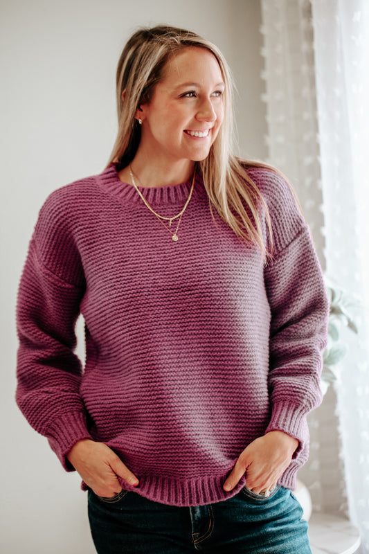 womens garter strtich purple knit sweater drop shoulder crew neck