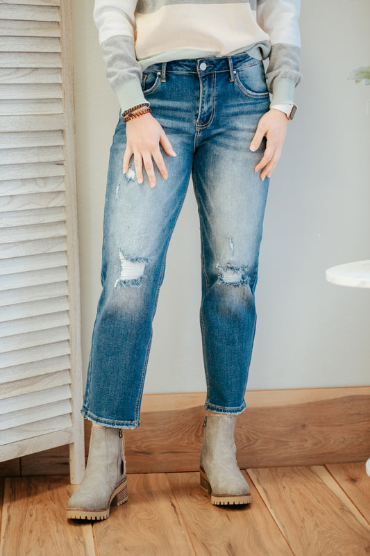 womens mid-rise medium wash distressed holes straight leg crop jean risen