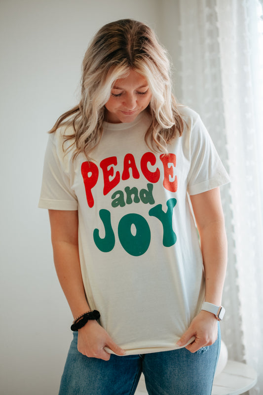 womens christmas peace and joy red green graphic tee