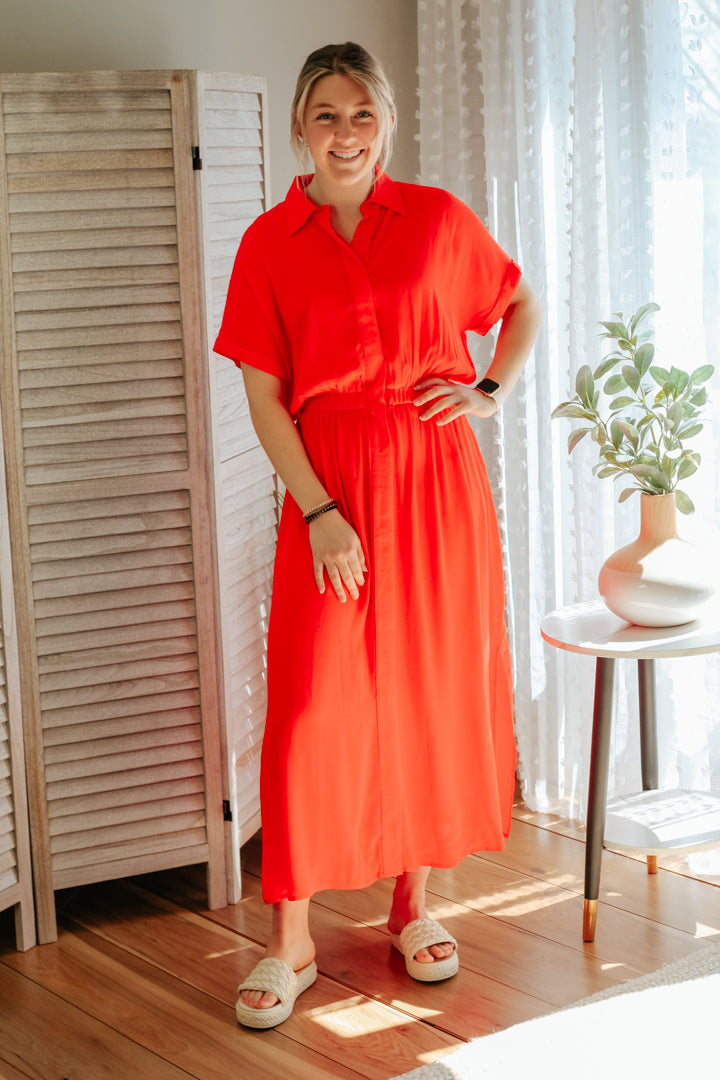 womens collar button front short sleeve maxi dress side slit bright orange 