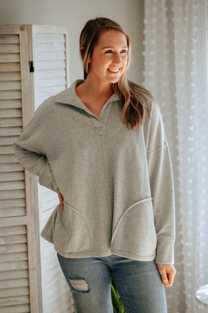 womens collar fleece pocket sweatshirt oversized grey