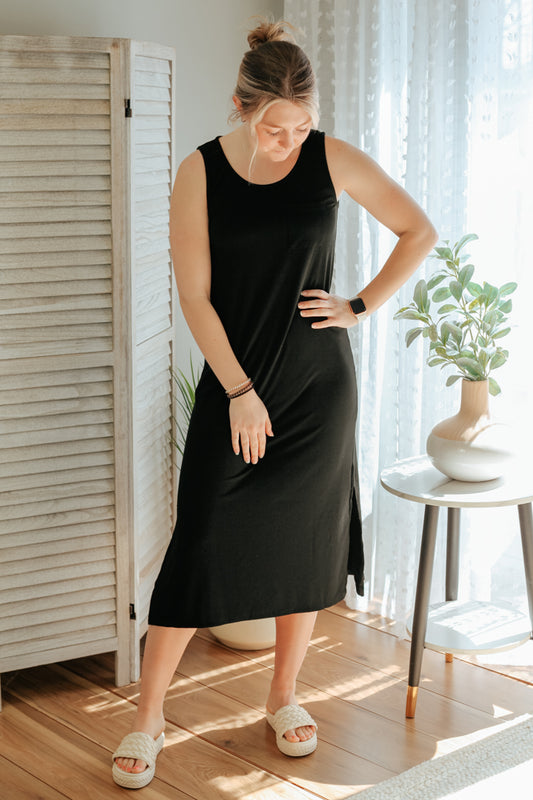 womens rib knit side slit sleeveless tank midi dress black mittoshop