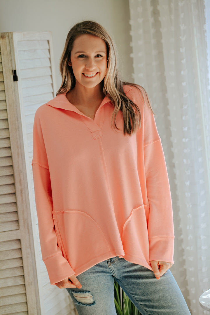womens collar fleece pocket sweatshirt oversized pink