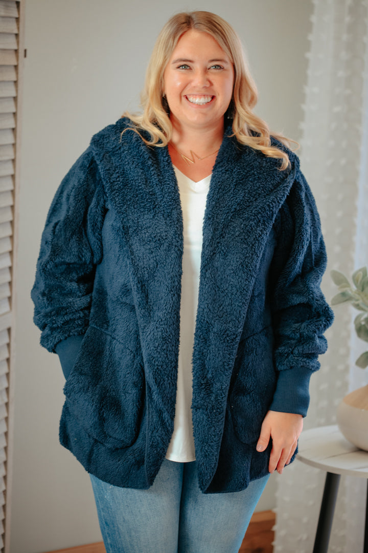womens faux fur sherpa navy blue jacket cardigan