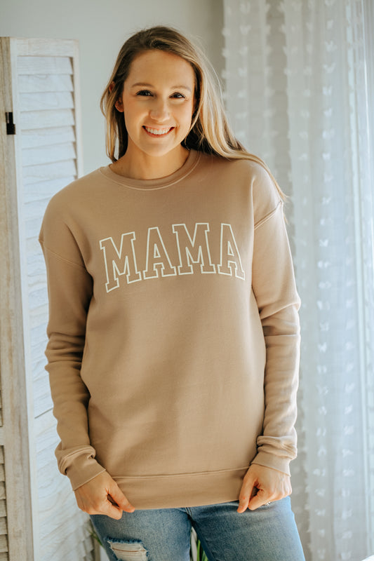 womens mama puff print taupe sweatshirt