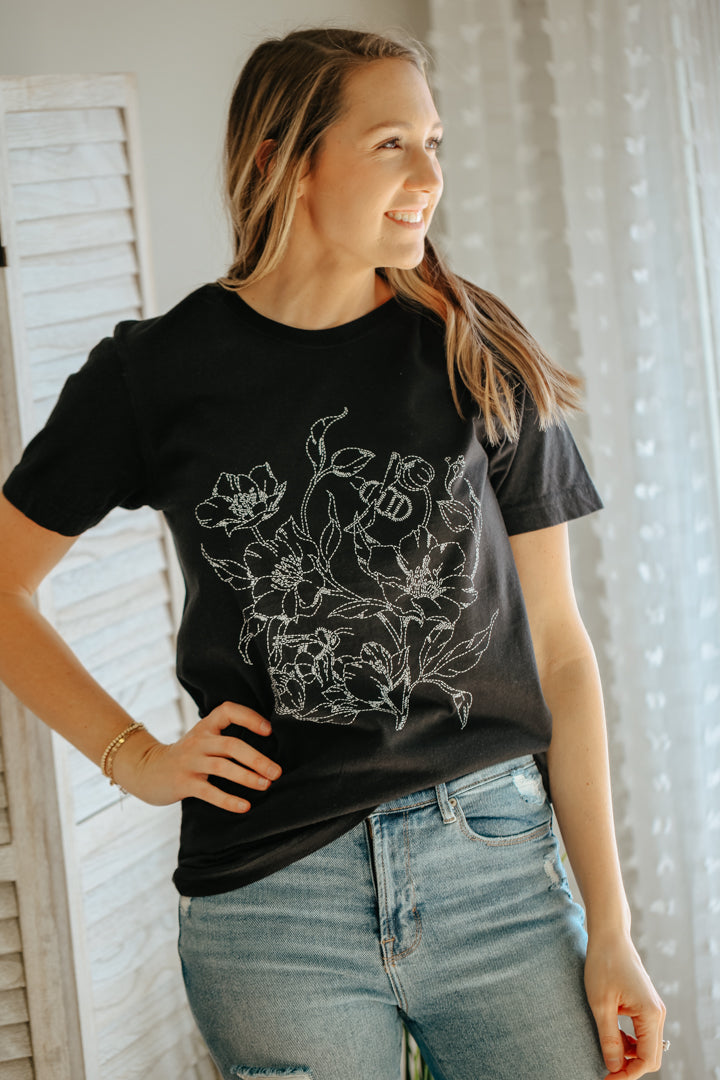 womens screen print floral bee graphic tee black