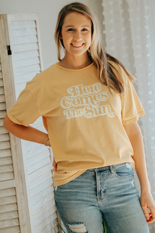 womens mineral wash yellow here comes the sun graphic tee