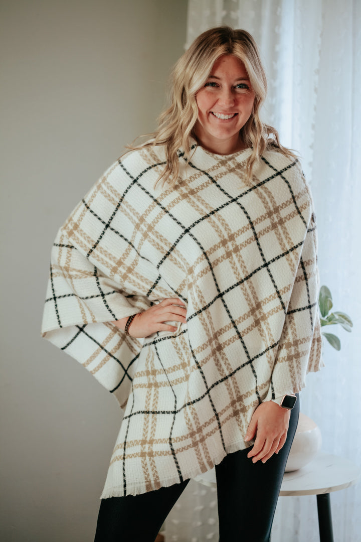 womens ivory taupe plaid button woven poncho fall winter