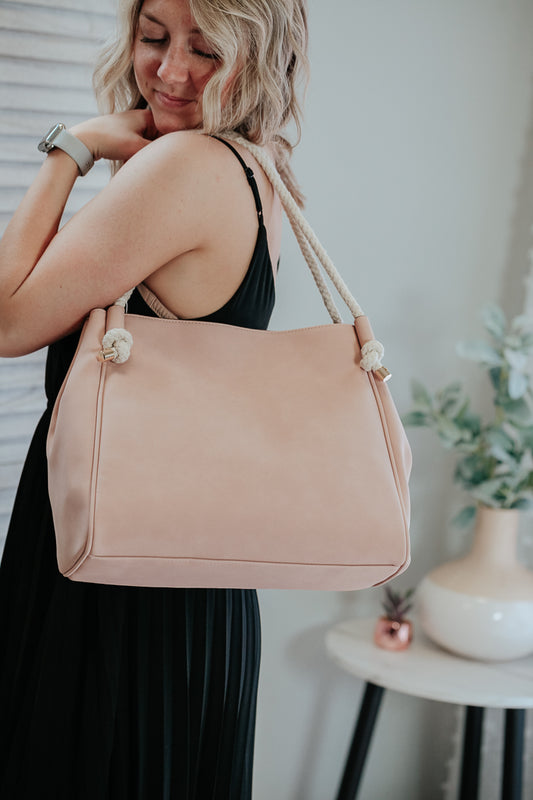 rope handle blush tote bag with gold accents