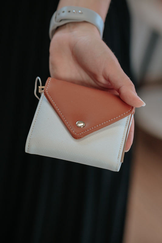 white brown square envelope snap wallet