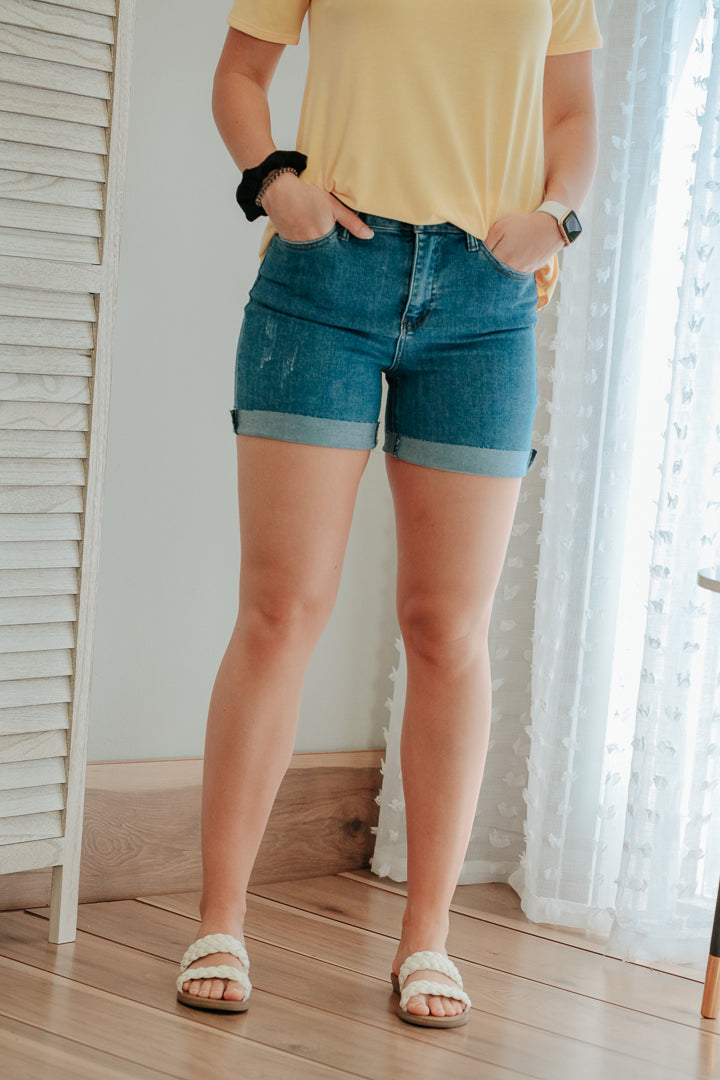womens medium wash cuffed denim jean shorts high rise